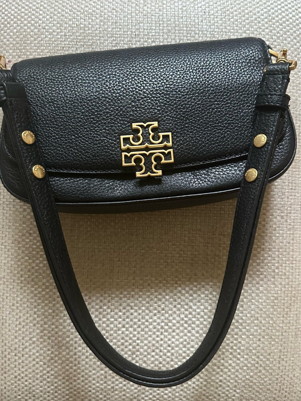 Tory Burch Black Pebbled Leather Shoulder Bag with Gold Logo